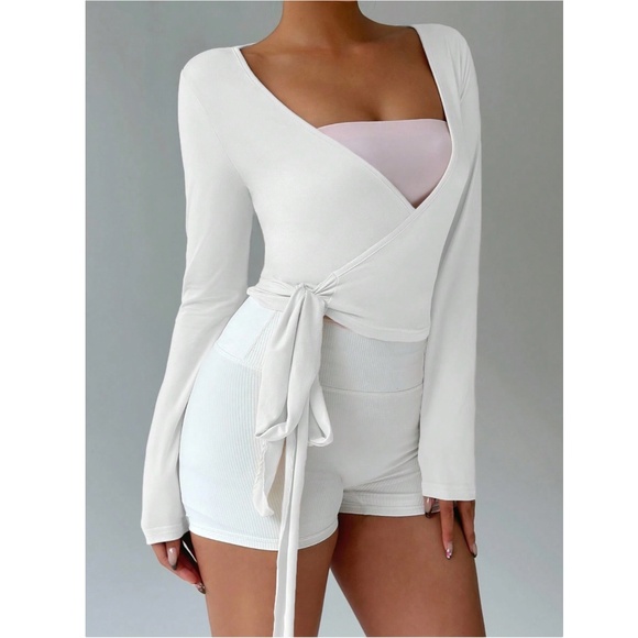 White V-Neck Long Sleeve Tie Side Wrap Shirt - Picture 6 of 9